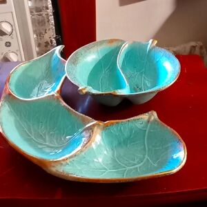California Antique candy and nut serving  dish bowl in turquoise &  24 k gold.